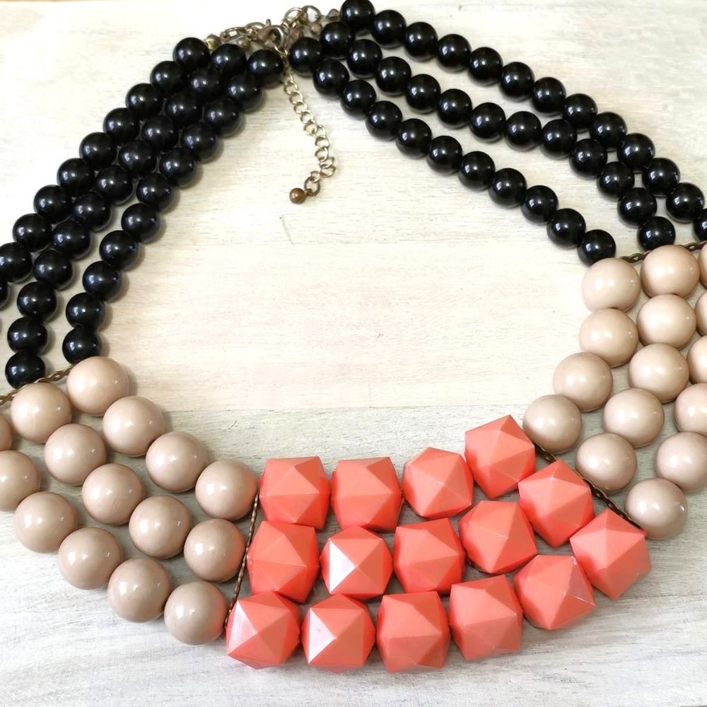 Statement necklace, beaded mutli row necklace, black, beige and coral necklace - Picture 3 of 3